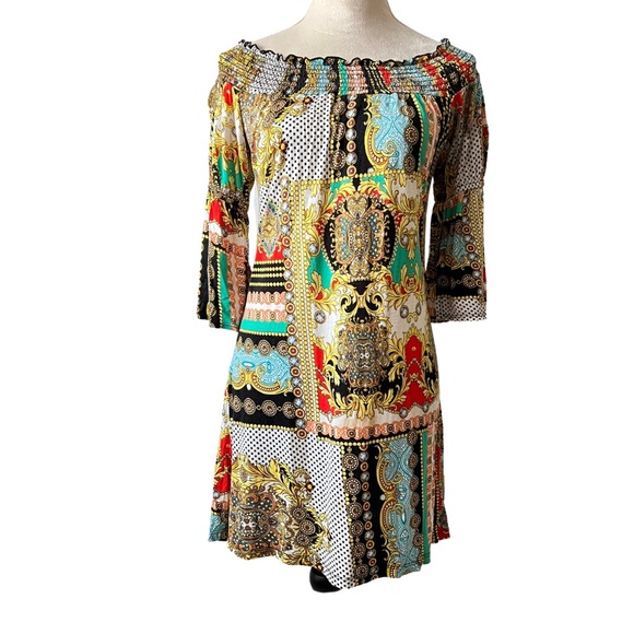 Boho Gypsy Trendy Multicolored Short Sleeve Off-shoulder Mini Dress - Picture 1 of 5